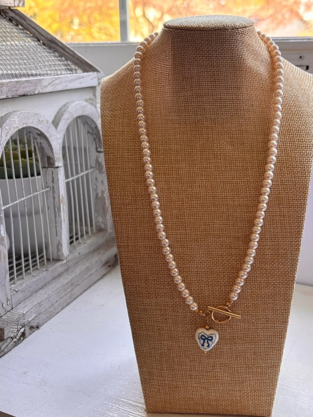 Glass Pearl Necklace with Blue and White Heart Charm - Gold Toggle - Picture 3 of 3